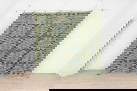 A kilim flat-weave wool carpet in the style of Barbro Nilsson,: A kilim flat-weave wool carpet in the style of Barbro Nilsson, of recent manufacture, woven in tones of green, 305 x 246cm