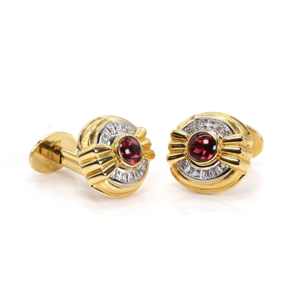 A pair of 18ct gold garnet and diamond cufflinks, by Asprey. (1 of 2)