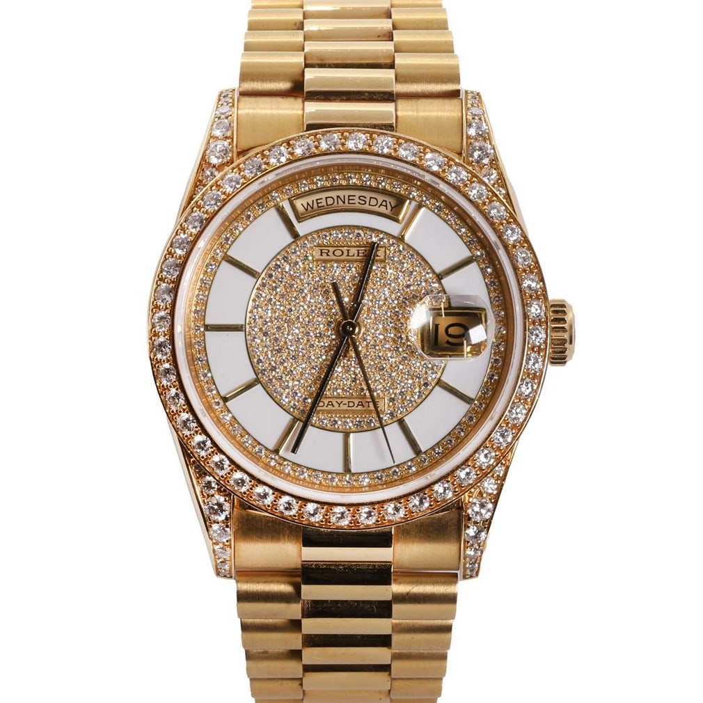 A gentlemen's 18ct gold diamond set Rolex Day Date automatic bracelet watch, (1 of 3)