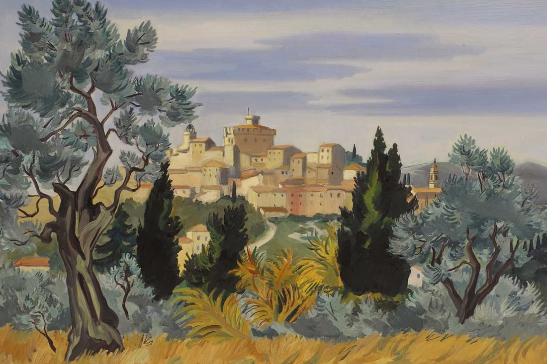 Yves Brayer (French, 1907-1990): Yves Brayer (French, 1907-1990) 'Vue de Cagnes' signed 'YVES BRAYER' l.r., inscribed with title verso, oil on canvas 65 x 81cm Condition Report Framed: 89 x 105cm Fine craquelure in the sky. Presents