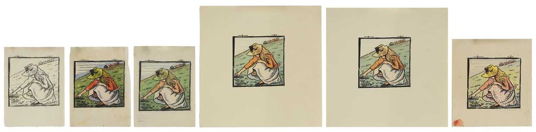 Lucien Pissarro (French, 1863-1944): Lucien Pissarro (French, 1863-1944) 'Little May'six woodcuts, five colouredimage 9.5 x 9.5cm, unframed (6)Provenance: The estate of Stanley Jones MBE RE. Condition Report The sheets vary in size. Two