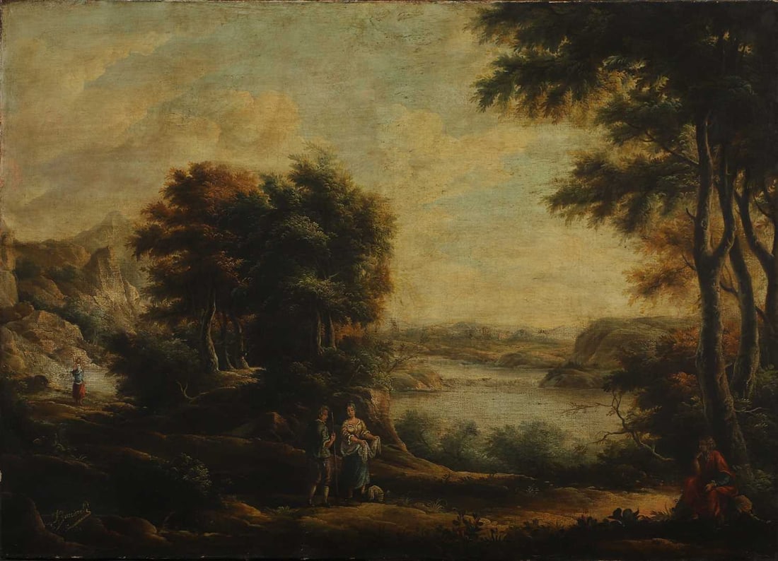Manner of Francesco Zuccarelli: Manner of Francesco Zuccarelli An Italianate landscape with figures by a lakebears signature l.l., oil on canvas70 x 100cm, unframed Condition Report 19th century. Craquelure and surface dirt. A smal