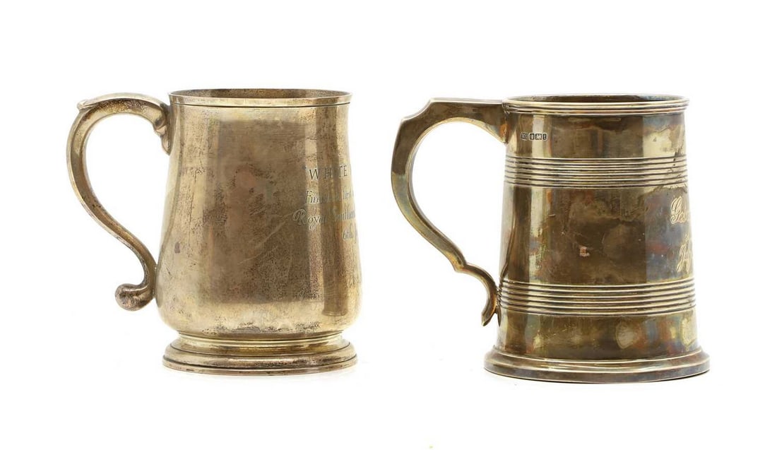 Two silver tankards,: Two silver tankards, by Richard Comyns, London 1962, engraved 'WHITE MIGRANT Finished first and disqualified Royal Southern Powerboat Race 6th July 1963', 12.5cm, and Atkin Brothers, Sheffield, 1901,