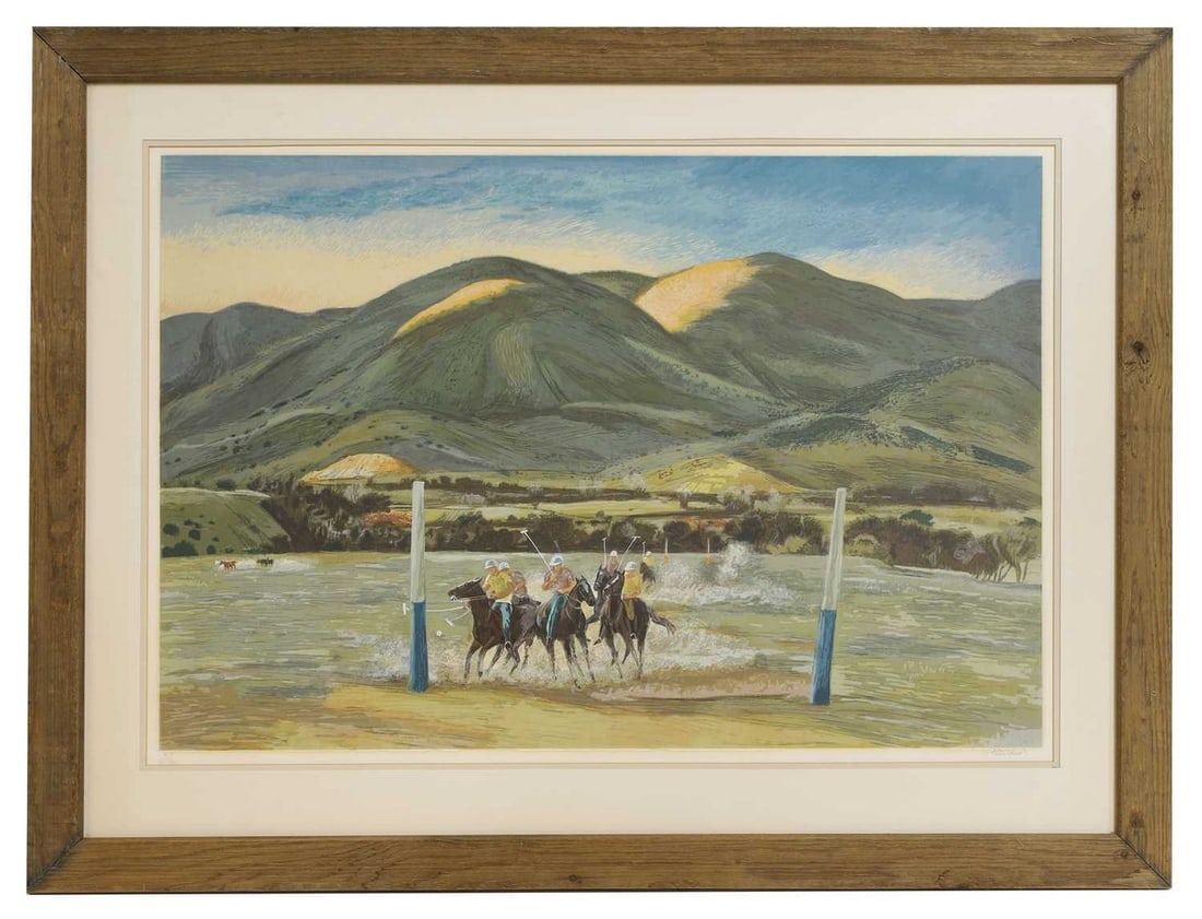 Peter Hurd (American, 1904-1984): Peter Hurd (American, 1904-1984) 'A Practice Game' serigraph, signed in pencil, artist proof, image 65 x 95cm, mounted and framed, 95 x 124cm overall Condition Report: Browning to the margin, well fra