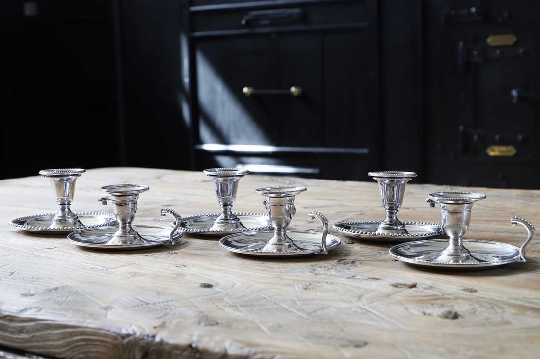 Six silver-plated chambersticks, (1 of 6)