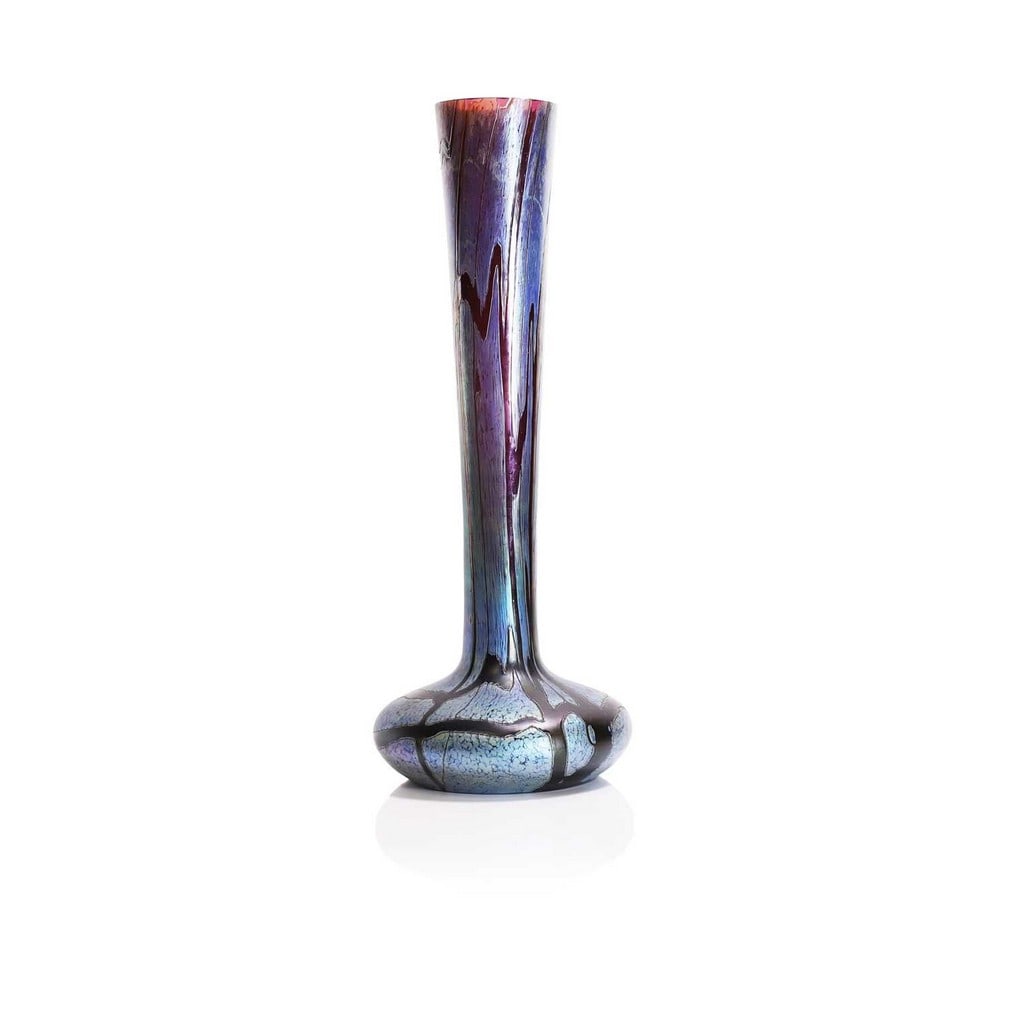 An iridescent glass 'Pampas' vase,: An iridescent glass 'Pampas' vase, c.1900, attributed to Loetz or Kralik, of low-shouldered form, decorated with whiplash trails to a cobalt-blue iridescent ground, 47.5cm high Condition Report: Two s