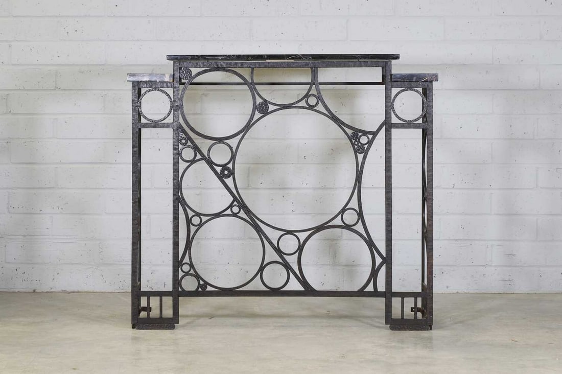 A fer forgé and marble console table, (1 of 9)