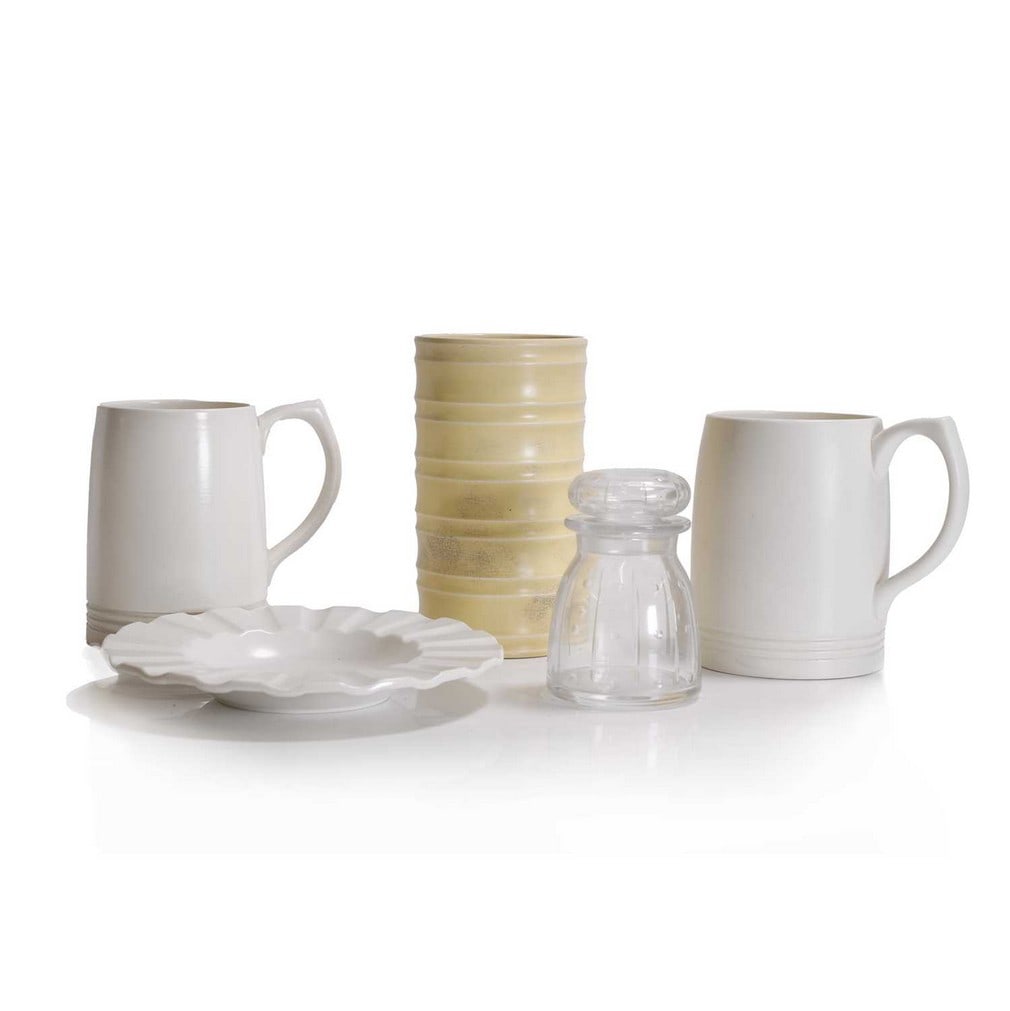 Keith Murray (1892-1981),: Keith Murray (1892-1981), c.1930, a group of Wedgwood pottery items, comprising: two 'Moonstone' mugs, 12cm high, a 'Moonstone' shallow dish, 18cm diameter, and a 'Matt Straw' vase, of stylised bamboo