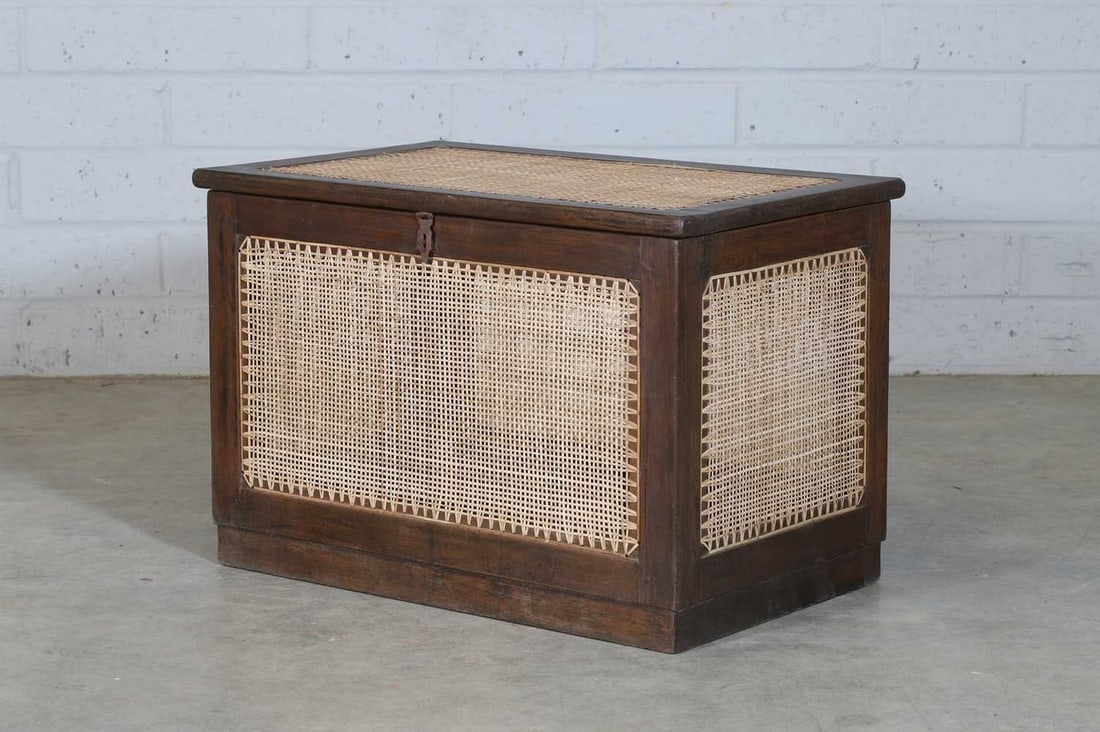 Pierre Jeanneret (Swiss, 1896-1967),: Pierre Jeanneret (Swiss, 1896-1967), a linen chest, c.1958, designed for the Hostel for Girls, Punjab University, Chandigarh, teak, cane, and steel, with caned sides and lid, 71cm wide 46cm deep 48cm 