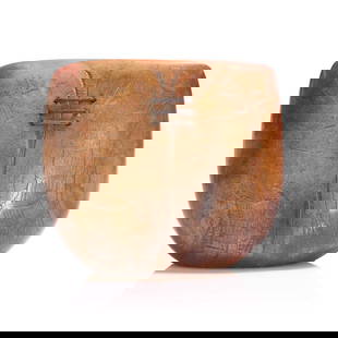 ▲ Peter Hayes (b.1946),: ▲ Peter Hayes (b.1946), a raku studio pottery sculpture, c.1991, of bow form in brown and orange tones, incised marks throughout, with staples, marked 'Peter Hayes '91' to the underside, 24.5cm