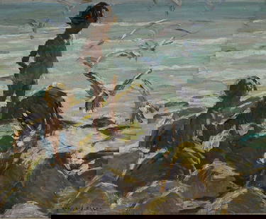 â–² Dorothea Sharp (1873-1955): â–² Dorothea Sharp (1873-1955) 'Children Standing on Rocks Feeding Gulls' signed 'DOROTHEA SHARP' l.l., oil on board 37 x 44cm Provenance: Christie, Manson & Woods Ltd., London (Christie's), 'Pain