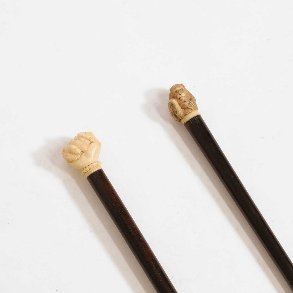 Two ivory and Macassar ebony walking sticks, (1 of 4)