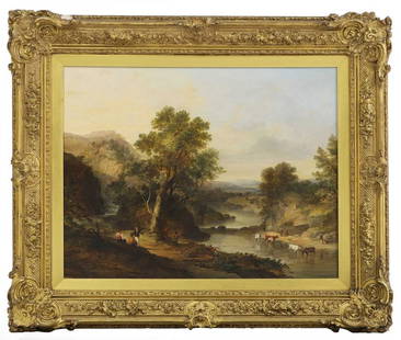 Attributed to William Traies (1789-1872): Attributed to William Traies (1789-1872) A wooded river landscape with a group of boys and a fisherman in the foreground, and cattle watering in the shallows oil on canvas 71 x 92cm Condition Report: