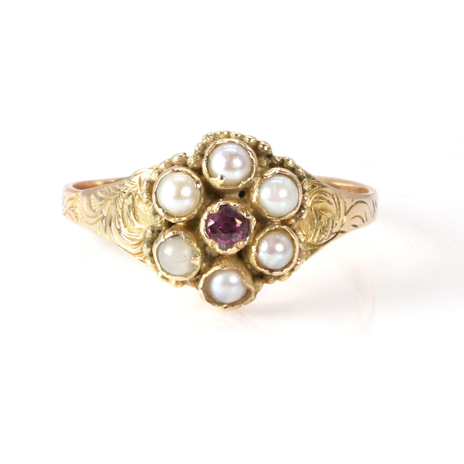 A Victorian garnet and split pearl cluster ring, (1 of 3)