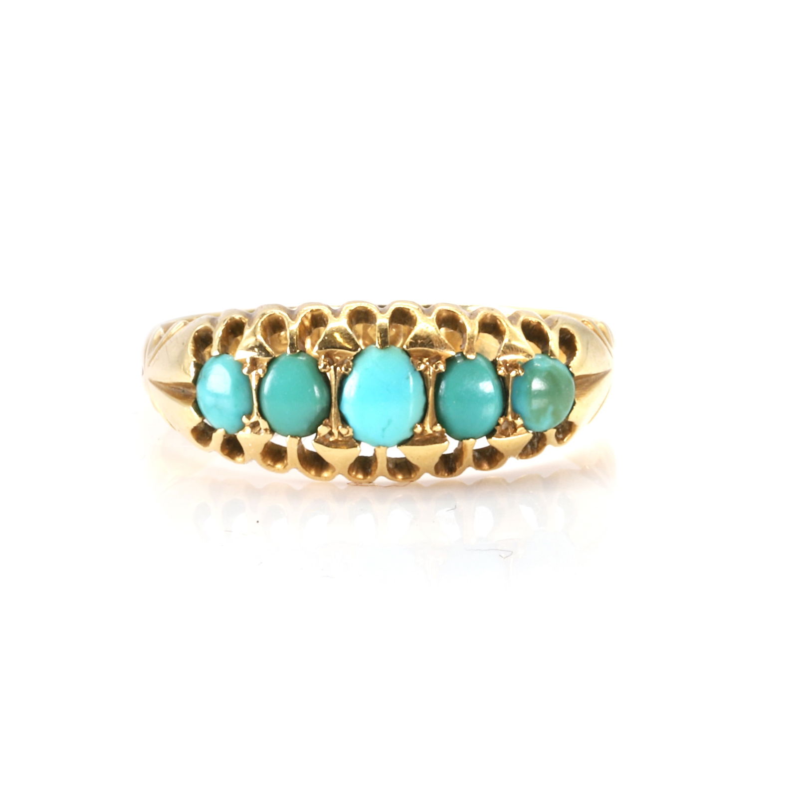 An Edwardian 18ct gold turquoise five stone ring, (1 of 3)