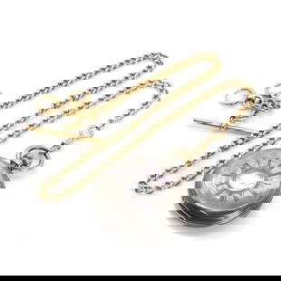 An 18ct gold Albert chain and a half hunter pocket watch, by Hunt & Roskell,: An 18ct gold Albert chain and a half hunter pocket watch, by Hunt & Roskell, the Albert chain with solid curb links, suspending T bar and bolt ring pendants, with a jumbo bolt ring and swivel clasp to