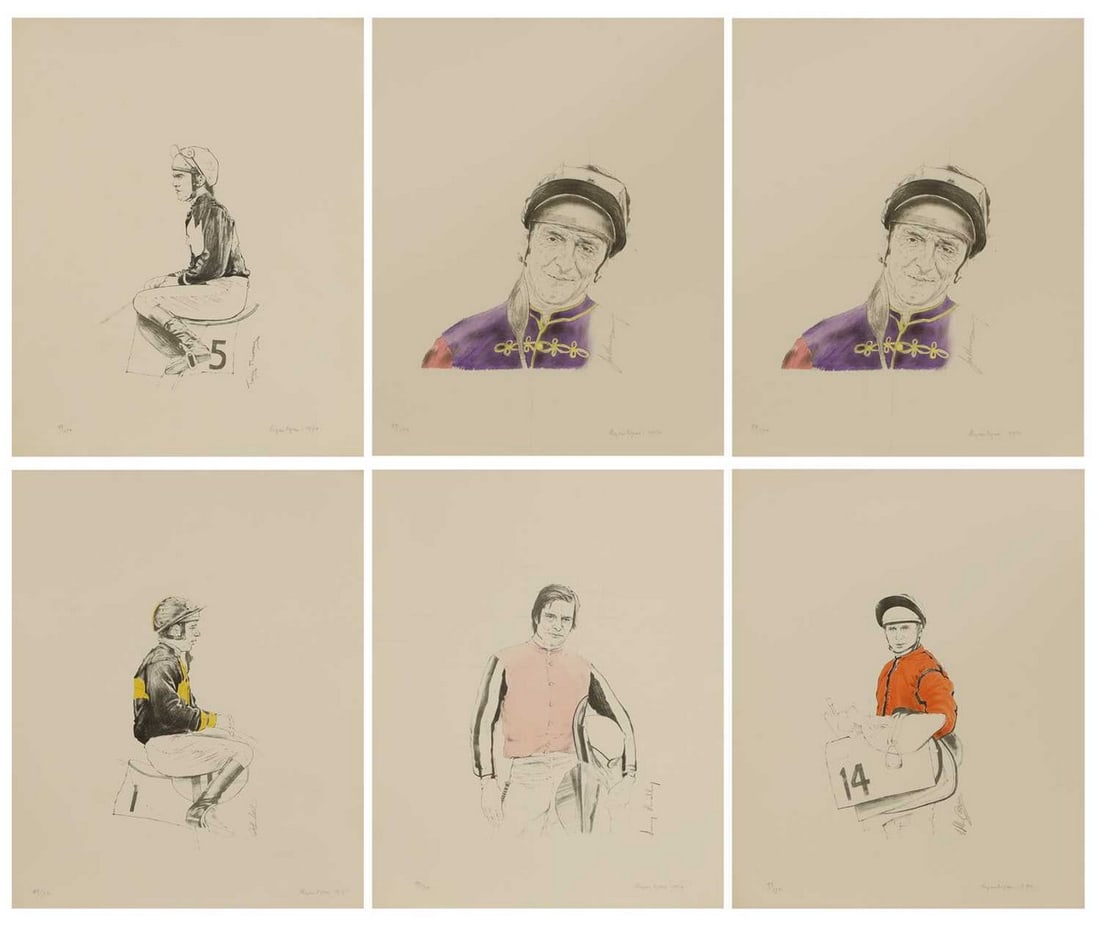 ▲ Bryan Organ (b.1935): ▲ Bryan Organ (b.1935) British Jockeys six lithographs of Geoff Lewis, Jimmy Lindley, Willie Carson, Tony Murray and Joe Mercer (2) from 'Six British Jockeys', each signed and dated 'Bryan Organ