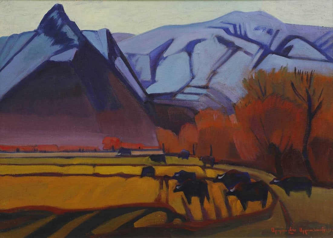 Artashes Abraamyan (Armenian, 1921-2003): Artashes Abraamyan (Armenian, 1921-2003) 'The Buffaloes' signed in Cyrillic l.r., also signed, inscribed and dated '1970' verso, oil on canvas 57 x 80cm Condition Report: Framed: 67 x 89cm Fine cracki