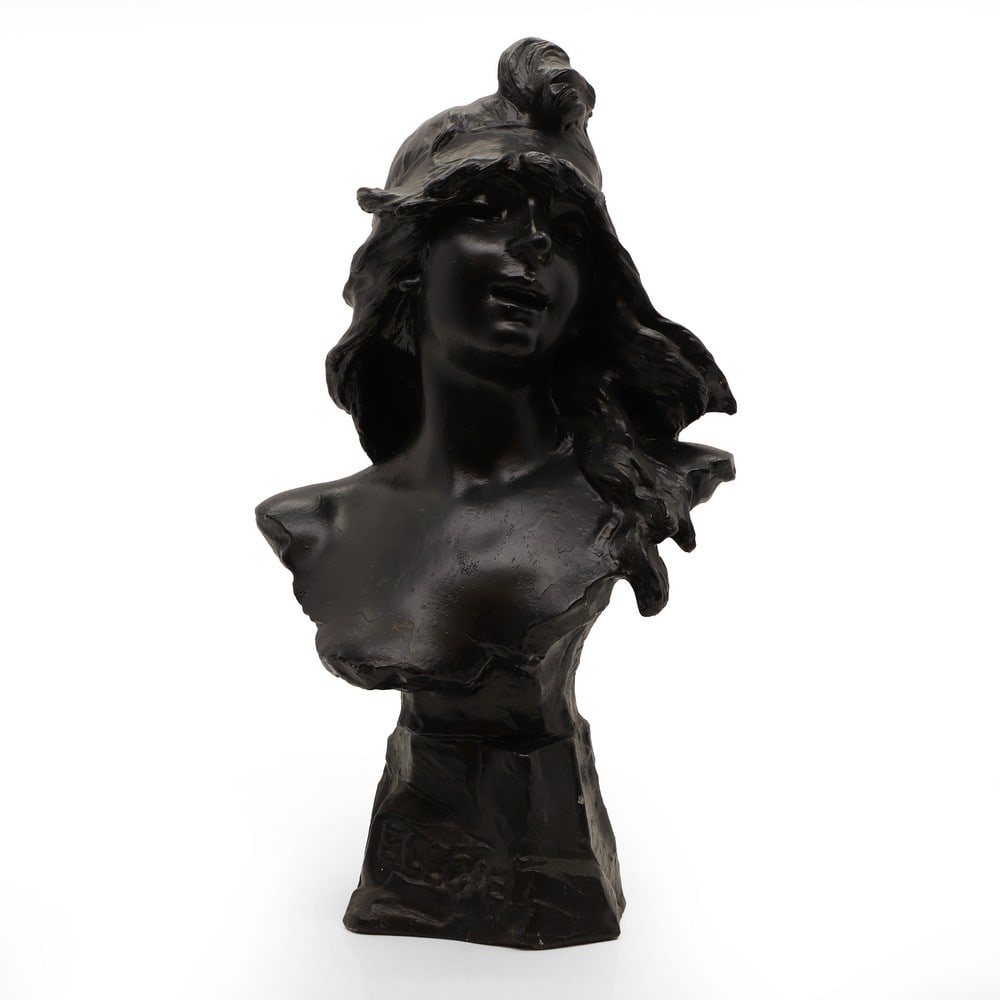 Alfred Jean Foretay (Swiss, 1861-1944),: Alfred Jean Foretay (Swiss, 1861-1944), An Art Nouveau painted cast iron bust of a young woman wearing a headscarf, in the style of Villianis 31cm wide 20cm deep 55cm high Condition Report: With some