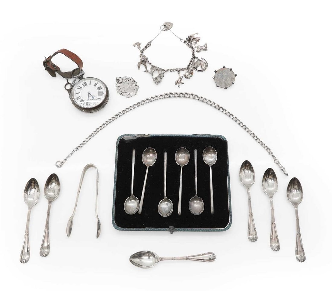 A group of silver items,: A group of silver items, comprising a set of six silver teaspoons and sugar tongs, by Mappin & Webb, a set of six coffee spoons, by James Dixon & Sons Ltd, a mounted 1887 florin brooch, a silver charm