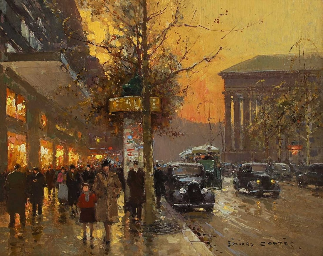 ▲ Edouard Léon Cortès (French, 1882-1969): ? Edouard Léon Cortès (French, 1882-1969) Boulevard de la Madeleine, le Soir signed 'EDOUARD CORTES' l.r., oil on board 22 x 27.5cm Condition Report: Framed: 39 x 44cmSold subject to authentication