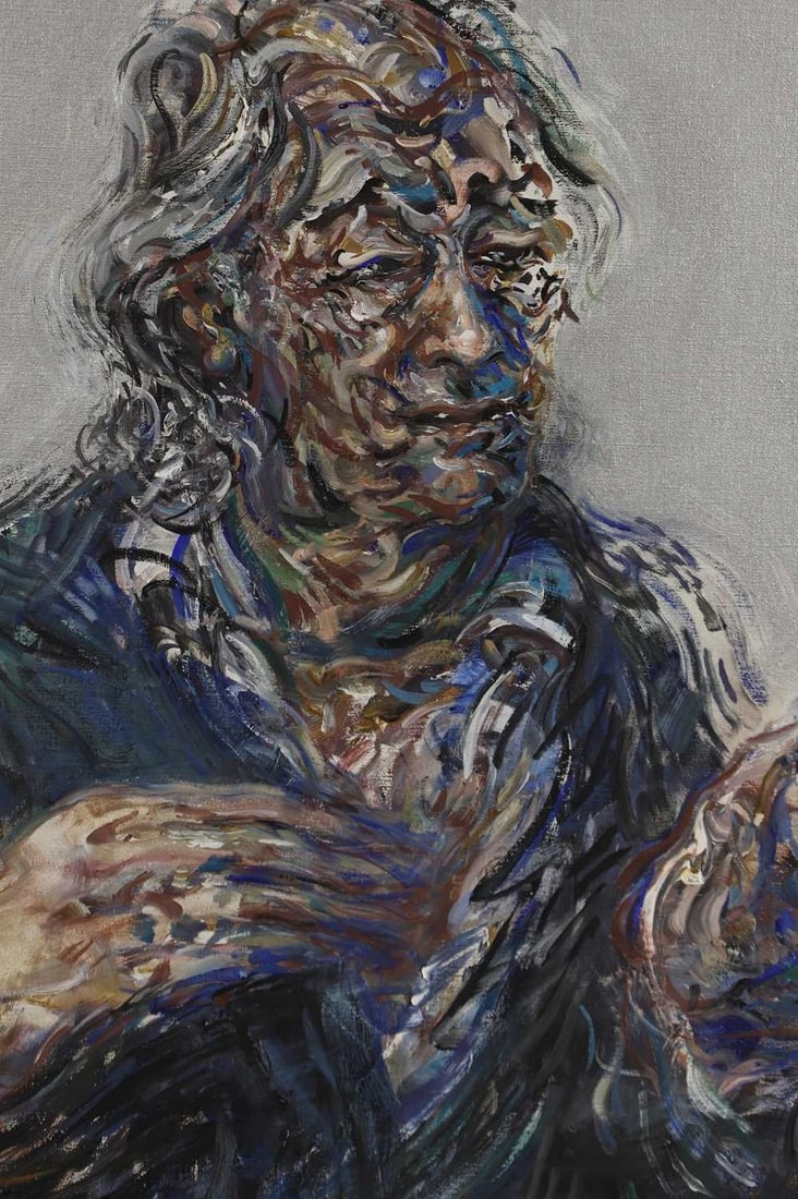 ▲ Maggi Hambling (b.1945): ▲ Maggi Hambling (b.1945) 'Sir Michael Gambon in Rehearsal' signed and dated 'HAMBLING/2000' verso, oil and silver acrylic on canvas 121.5 x 76.5cm, unframed Literature: Andrew Lambirth, 'Maggi