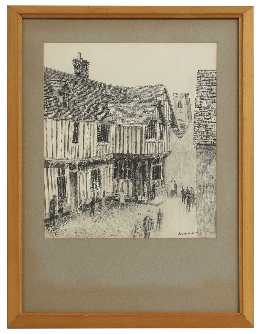 ▲ Reginald Brill (1902-1974): ▲ Reginald Brill (1902-1974) A village scene, believed to be Lavenham Guildhall with St Peter and St Paul's Church in the distance signed 'Reginald Brill' l.r., pencil, pen and ink 28 x 23.5cm C