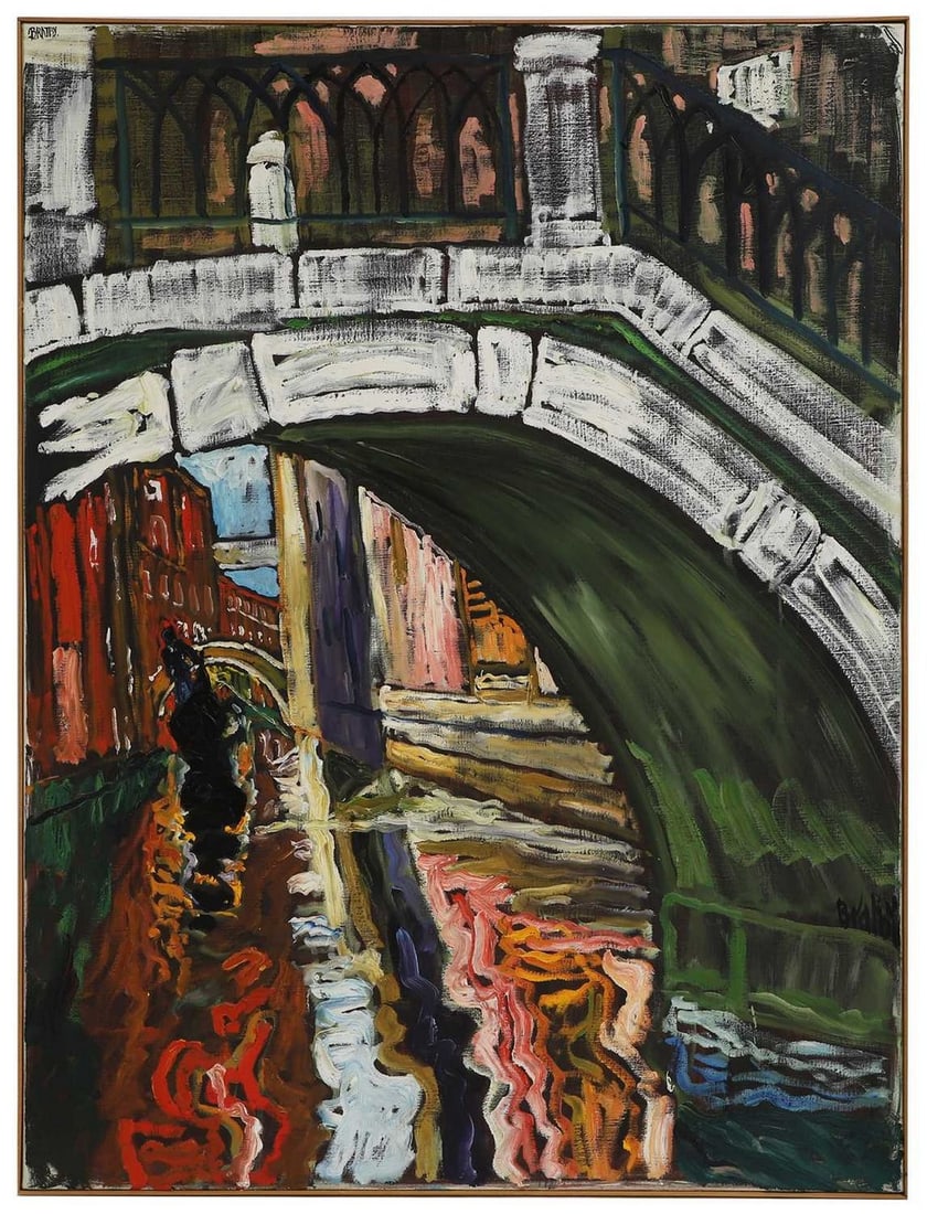 ▲ John Bratby RA (1928-1992): ▲ John Bratby RA (1928-1992) 'The Red Venetian Canal: Gore Vidal' signed 'Bratby' l.r. and also u.l., oil on canvas 121.5 x 91cm Exhibited: Royal Academy Summer Exhibition 1985, catalogue no. 64