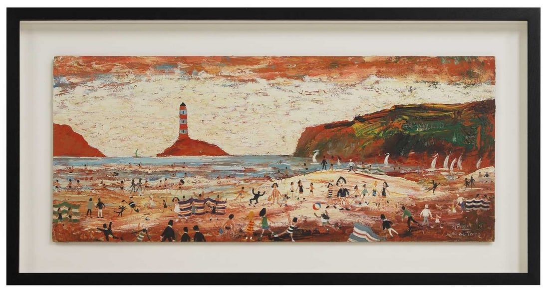 ▲ Simeon Stafford (b.1956): ▲ Simeon Stafford (b.1956) Beach scene with lighthouse signed and dated 'SIMEON/04.10.10' l.r., oil on board 31 x 73.5cm Condition Report: Framed: 47 x 89.5cm The is a small chip missing from th