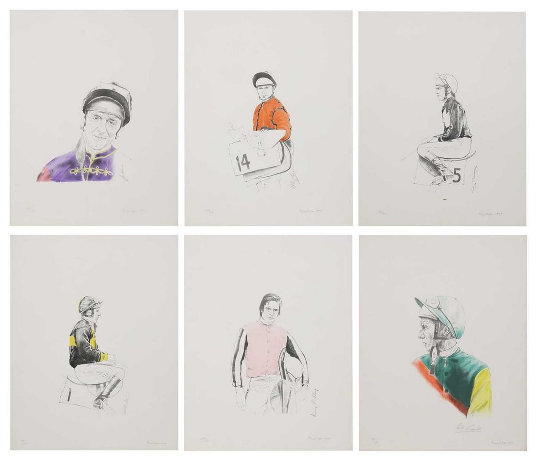 ▲ Bryan Organ (b.1935): ▲ Bryan Organ (b.1935) 'Six British Jockeys', 1974 a set of six lithographs of Geoff Lewis, Jimmy Lindley, Joe Mercer, Lester Piggott, Willie Carson and Tony Murray, each signed and dated 'Bryan