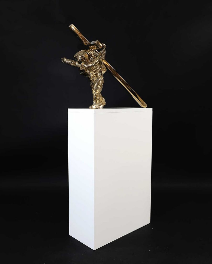 ▲ Joseph Klibansky (Dutch, b.1984): ? Joseph Klibansky (Dutch, b.1984) 'Leap of Faith', 2019 polished bronze, signed 'Joseph Klibansky', numbered '20/20' and dated '09-09-2022' on top of backpack 45cm wide 80cm deep 69cm high 180cm high