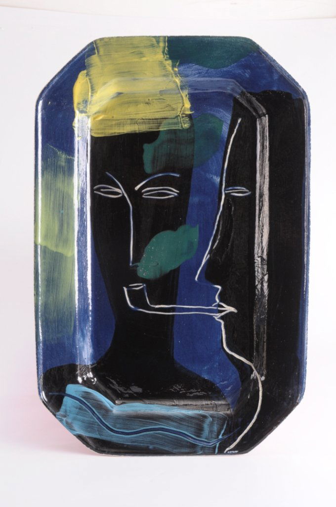 *A Fulham Pottery Dish, by Bruce McLean (b.1944),: *A Fulham Pottery Dish, by Bruce McLean (b.1944), sgraffito two heads, one smoking a pipe, signed and inscribed 'Fulham Pottery Bruce McLean', impressed 'The Fulham Pottery, and initials 'JPL', 65 x 4