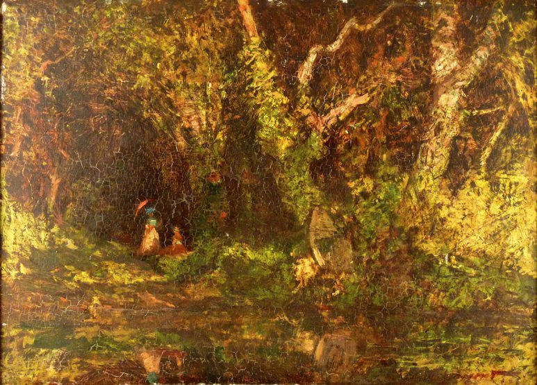 British School (20th century) A WOODED LANDSCAPE W: British School (20th century) A WOODED LANDSCAPE WITH FIGURES Bears signature 'John S Sargent', oil on panel 27.5 x 38cm