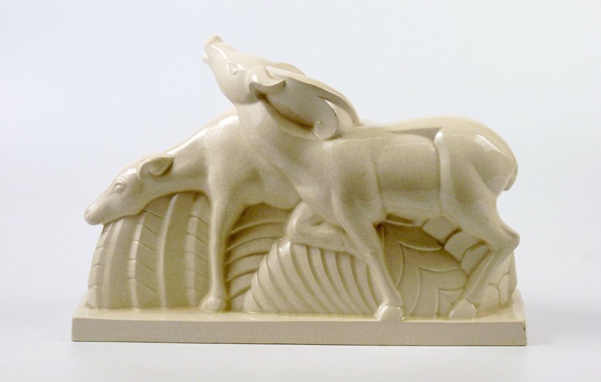 Charles Lemanceau, a pottery figure group of two: Charles Lemanceau, a pottery figure group of two deer, moulded 'Lemanceau', minor chips, 45cm