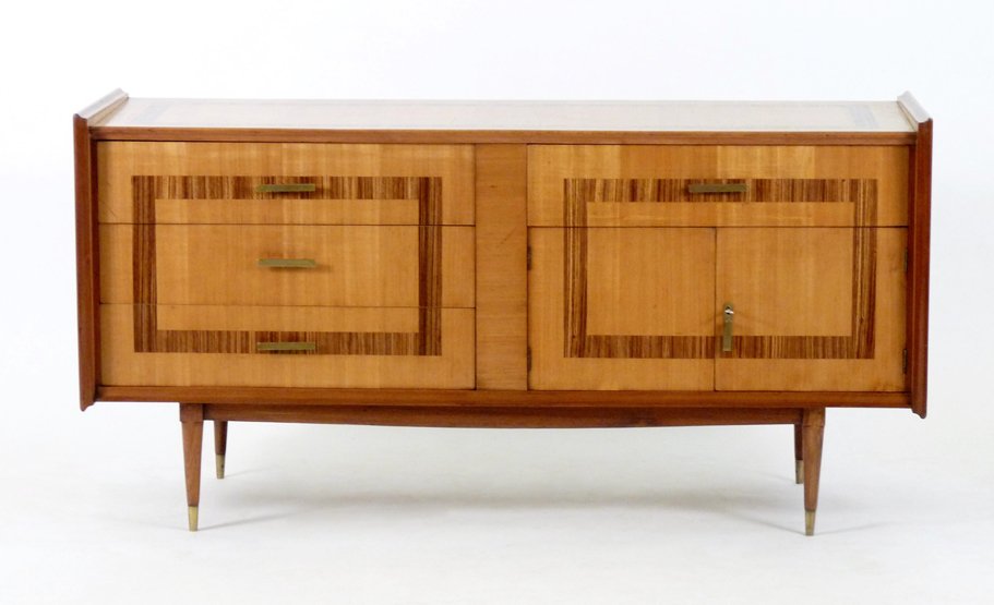 An Italian olivewood and rosewood sideboard, 1950s: An Italian olivewood and rosewood sideboard, 1950s, with an arrangement of drawers and cupboards, 149cm wide 52.5cm deep 74.5cm high