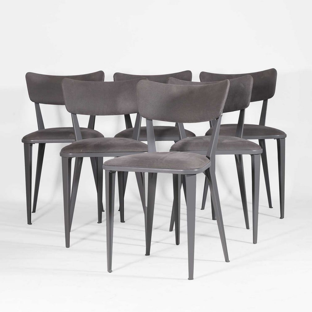 Ernest Race (1913-1964),: Ernest Race (1913-1964), a set of six matching chairs, model 'BA 23', 1940s, each with an aluminium frame with grey upholstery, the frames have been professionally sand blasted and powder coated, cast