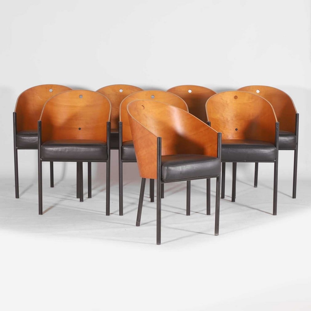 Philippe Starck (French, b.1949) for Driade Aleph,: Philippe Starck (French, b.1949) for Driade Aleph, a set of eight 'Driade Costes' chairs, originally designed in 1984, maple and steel with a leather seat, stamped maker's signature and applied manufa