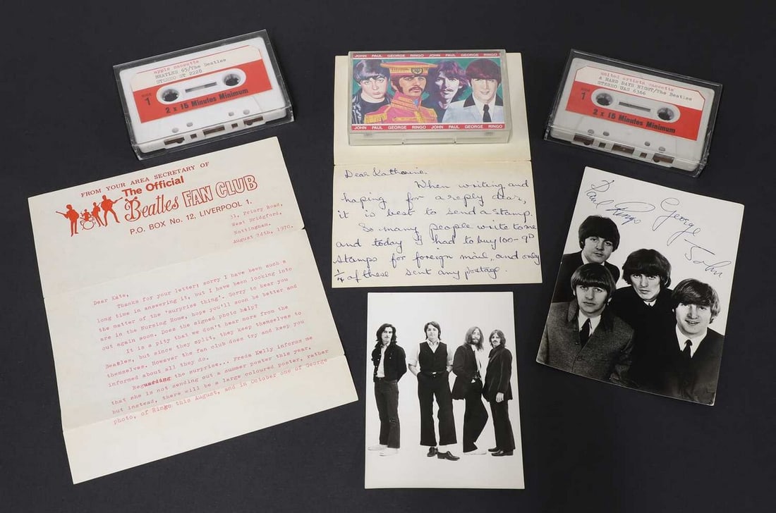 The Beatles,: The Beatles, a fully signed photograph from their April 1969 photoshoot by Bruce McBroom, together with a handwritten letter by George Harrison's mother, Louise, a facsimile signed photograph, a lette