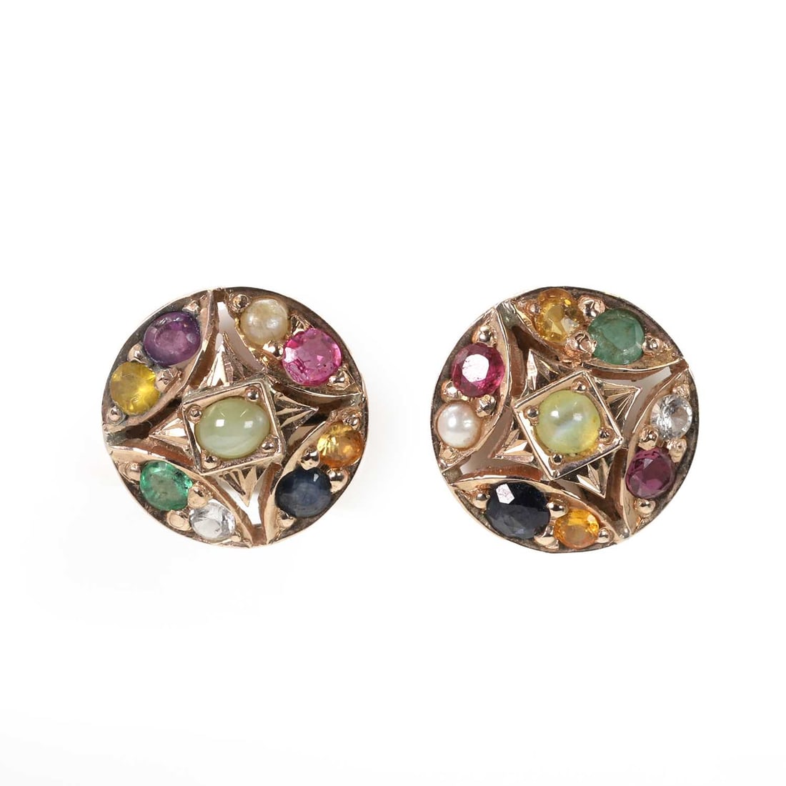 A pair of vari-coloured gemstone earrings,: A pair of vari-coloured gemstone earrings, each earring domed gently and grain set with a central cat's eye chrysoberyl cabochon, to a circular pierced surround grain set with round cut vari-coloured