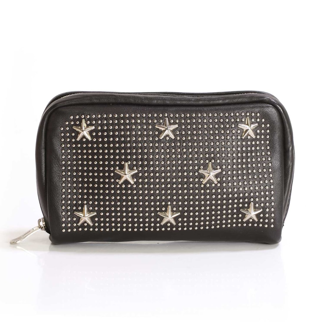 A Jimmy Choo studded leather purse,: A Jimmy Choo studded leather purse, of recent manufacture, the exterior in black lambskin with metal stud detailing and a single horseshoe zip closure, the interior in black nylon with leather tab, em