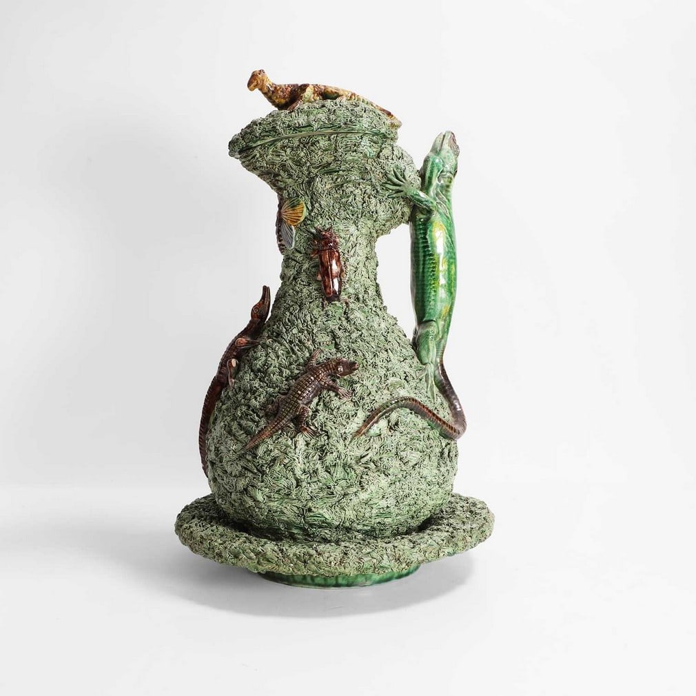 A Palissy pottery ewer, cover and stand, (1 of 14)