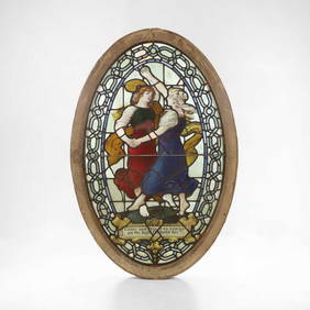 A Pre-Raphaelite oval stained-glass window panel, (1 of 5)