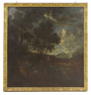 Italian School, 17th century: Italian School, 17th century A mountainous river landscape with figures and mules in the foreground and a town beyond oil on canvas 170 x 166cm, in a carved giltwood frame Condition Report: Framed: 18