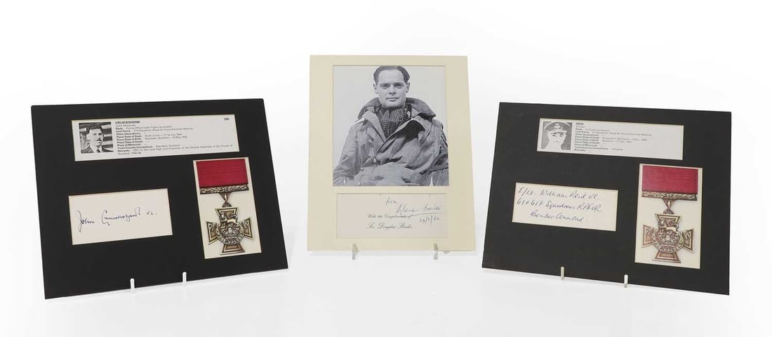 BADER, Douglas:: BADER, Douglas: Complementary note: Signed and dated 29/2/80, mounted below a print of his photograph; Cruickshank, John Alexander: Signature 'John Cruickshank, V.C.' Mounted with a photo of his Vict