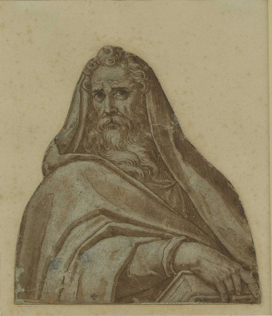 Studio of Federico Zuccaro (Italian, c.1542-1609): Studio of Federico Zuccaro (Italian, c.1542-1609) St Matthew brown pen and ink, bodycolour and wash, stamped with an unidentified collector's mark l.c. (Frits Lugt 2908), dates to mid-17th century 14