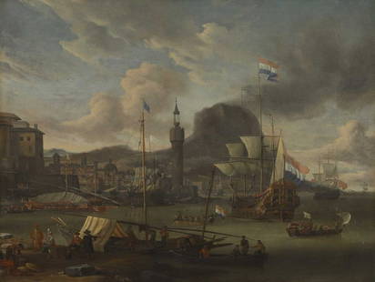 Abraham Storck (Dutch, 1644-1708): Abraham Storck (Dutch, 1644-1708) A Mediterranean harbour scene with merchants in the foreground and a States yacht at anchor signed 'A. Storck/fecit' l.l. (on stone), oil on canvas 58 x 78cm Provenan
