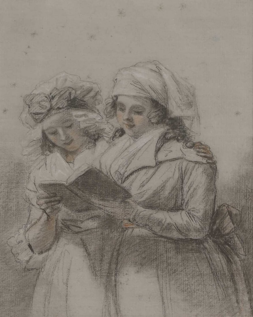 Attributed to John Raphael Smith (1751-1812): Attributed to John Raphael Smith (1751-1812) Two young women reading black, red and white chalks 25 x 19cm Condition Report: Framed: 43 x 35.5cm Dark scattered spots to the background, possibly mould.