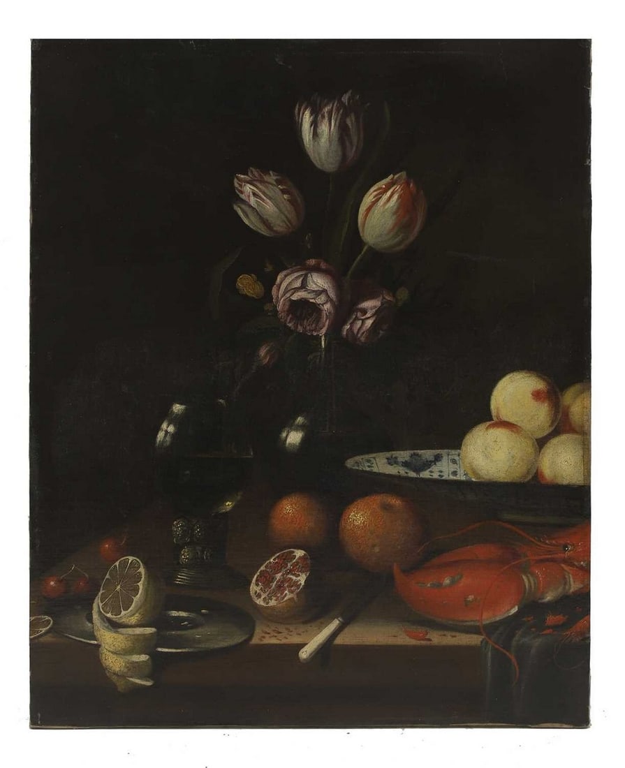 Manner of Joris van Son: Manner of Joris van Son A still life of tulips and roses in a glass vase, with fruit and a lobster on a ledge oil on canvas 76 x 60.5cm, unframed Provenance: Christie's, London, 'Old Master and Englis