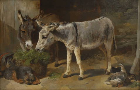George William Horlor (1823-1895): George William Horlor (1823-1895) Two donkeys with a dog and ducks signed and dated 'G W Horlor 1856' l.l., oil on canvas laid on board 32 x 46.5cm Condition Report: Framed: 42.5 x 57cm A few tiny sca
