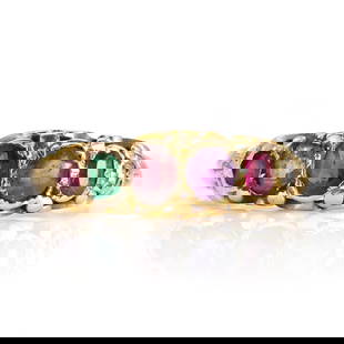 A Victorian multi-gem Regard ring,: A Victorian multi-gem Regard ring, of half hoop design, with vari-cut coloured gemstones comprising ruby, emerald, garnet, amethyst, ruby and diamond, to spell the acrostic 'Regard', spitch set to scr